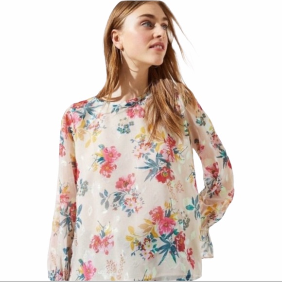 LOFT Tops - LOFT Blouse Floral Long Ruffle Sleeves Semi Sheer